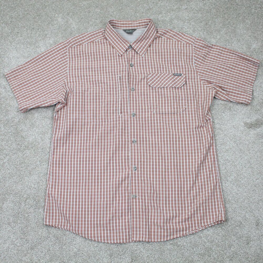 Eddie Bauer Shirt Mens Large‎ Orange/Gray Polyester/Cotton S/S Button Up